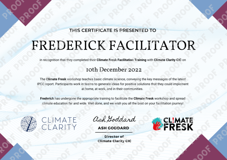 An example Climate Fresk Facilitator certificate for an individual