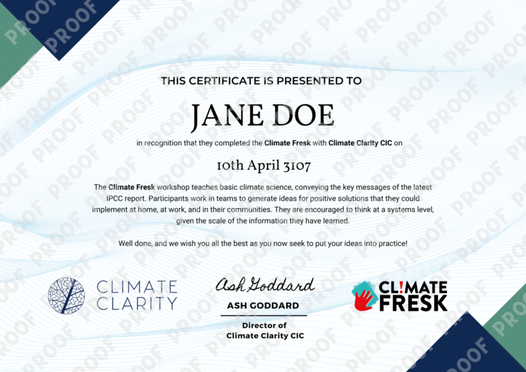 An example Climate Fresk certificate for an individual